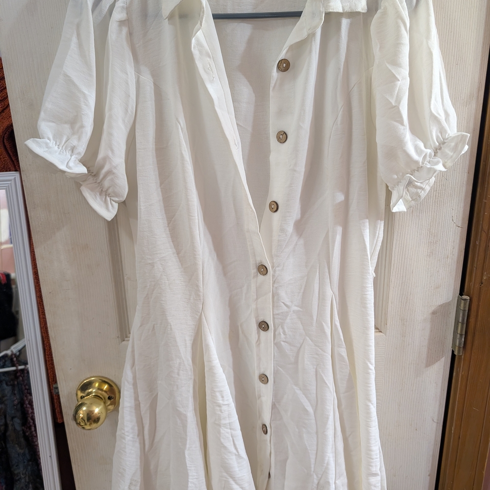 Mint White Button-Front Midi Dress